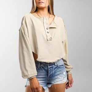 We The Free People Melodi Henley Oversized Crop Top Women's Size S